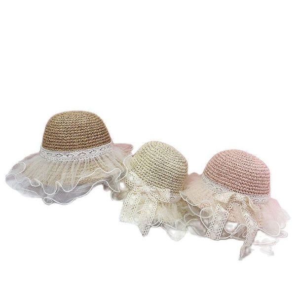 

summer style korean double-layer mesh children's straw hat baby casual sunscreen girls seaside beach visor cap wide brim hats, Blue;gray