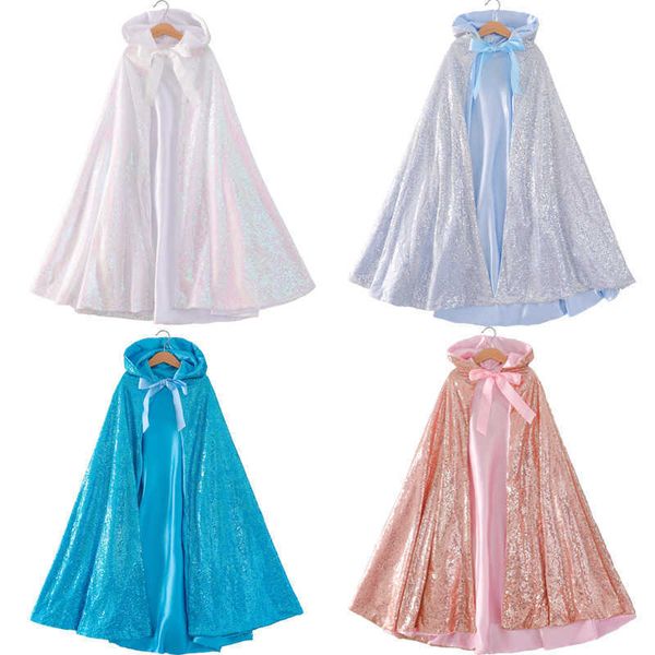 Bambini Paillettes Snow Queen Mantello con cappuccio Ragazze Principessa Strega Costume Cosplay Bambini Halloween Carnevale Dress Up Performance Suit Q0716