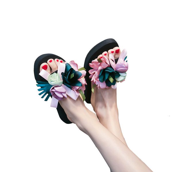 

slippers handmade summer women's sandals fashion big flower anti slip high heel sandals pkgi, Black