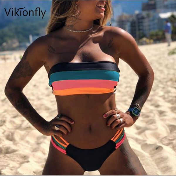 

vikionfly bandeau bikinin 2021 women swimsuit printed stripe strapless brazilian swimwear bikini set bandage bathing suit women's, White;black