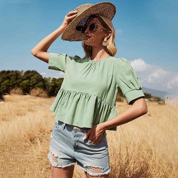 Yeşil Rahat Gevşek Yaz Bluz Gömlek Kadınlar Için Boy Yüksek Sokak Sevimli Üst Gömlek Plaj Boho Kadın Moda Tops Bluz 210415