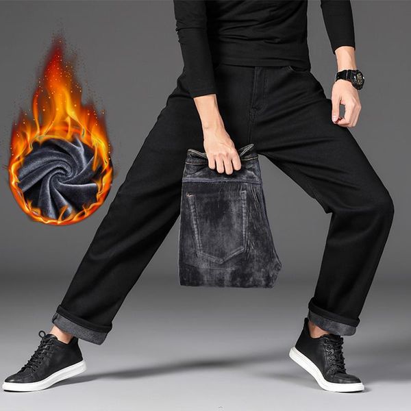 

men's jeans winter classic black warm stretch loose plus velvet denim pants size business casual trousers fashion, Blue