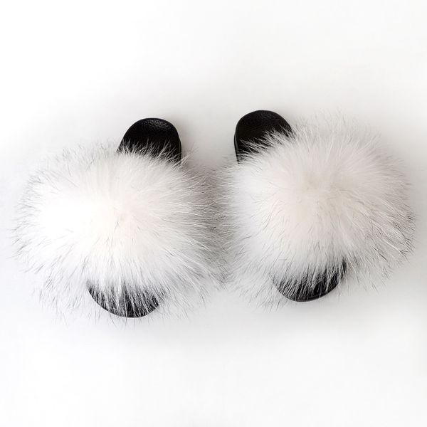 

fashion luxury fur slides fluffy furry real raccoon fur slippers for women, Black