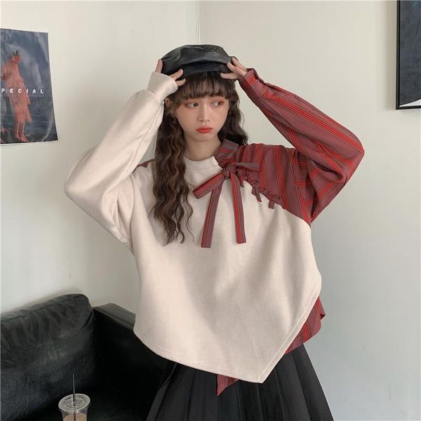 

women's hoodies & sweatshirts vintage style autumn patchwork lattice lace up long sleeve pullovers and moda feminina clothing, Black