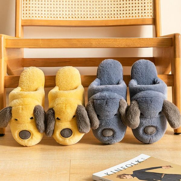 

slippers winter women home furry hairy warm plush slides cartoon dog floor shoes ladies memory foam cotton with ears, Black
