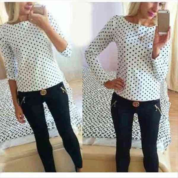 

autumn bodycon long sleeve womens blouses polka dot casual chiffon tee, White