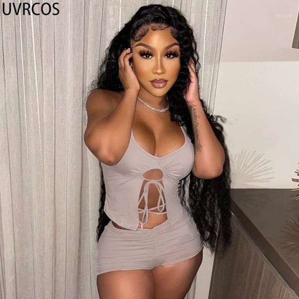 

women's tracksuits uvrcos two piece set women summer club hollow out lace up halter crop with shorts stacked drawstring 2 woman, Gray