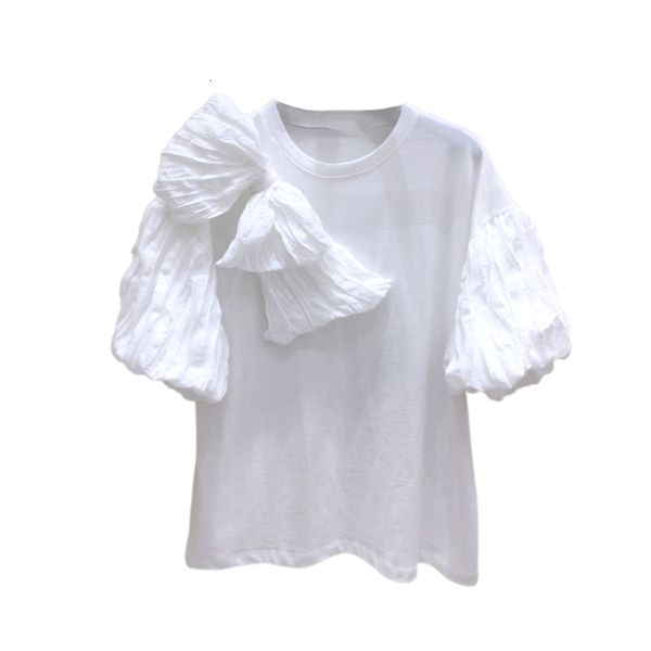 

women's t-shirt fashion bow designed folds tshirt women summer o-neck puff sleeve ladies simple solid all match femme tee 28l, White