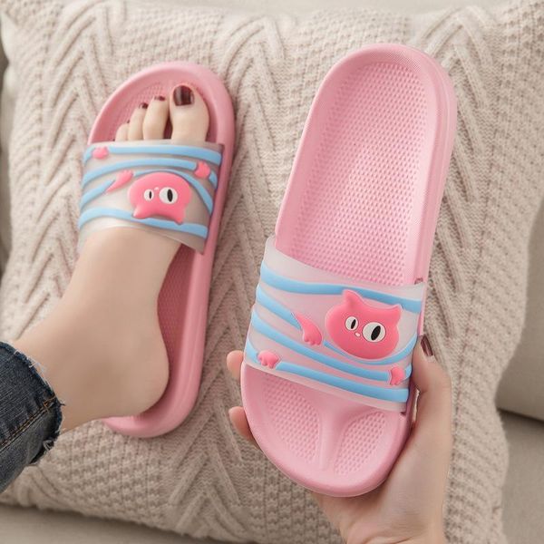 

summer slippers sandals women cute lovely cat non-slip floor flat shoes indoor flip flops bathroom beach men couple slides, Black