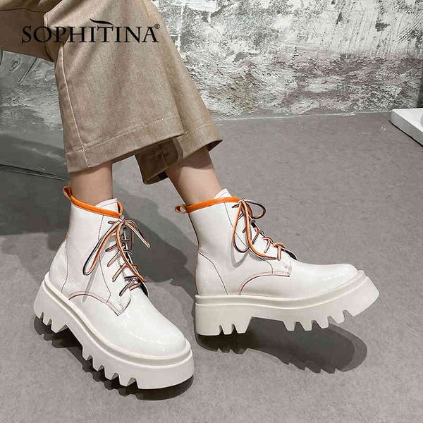 

sophitina fashion women's boots genuine leather handmade thick bottom ankle boots lace-up round toe mid heel lady shoes so709 210513, Black