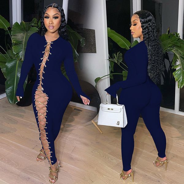 

fashion solid women jumpsuits 2021 bandage hollow out long sleeves o-neck nightclub slim waist bodycon romper spring summer, Black;white