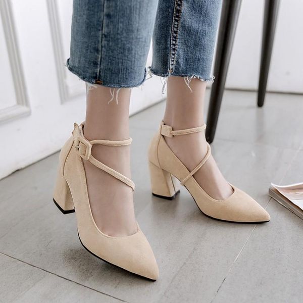 

dress shoes big size 32-46 2021 spring & autumn women solid fashion flock lace-up pointed toe square heels pumps 3 colors, Black
