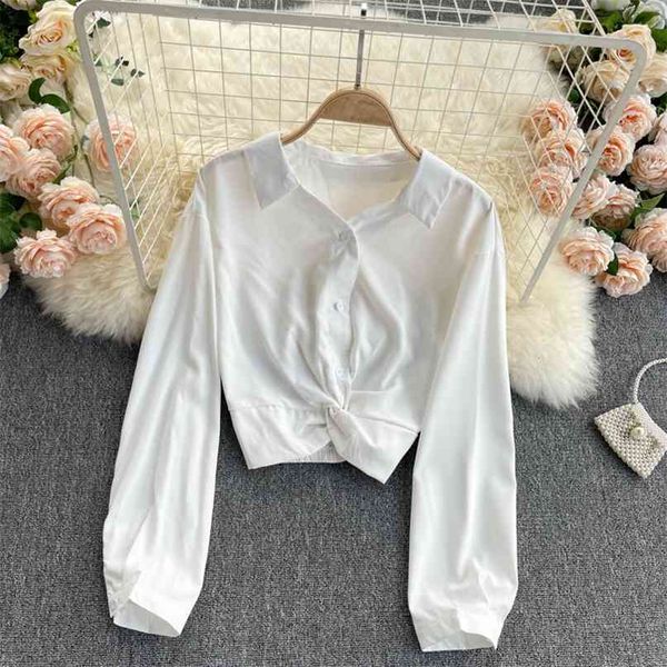 Camicia bianca moda donna risvolto manica lunga nodo vita alta puro corto top femminile coreano abbigliamento vintage camicetta R643 210527