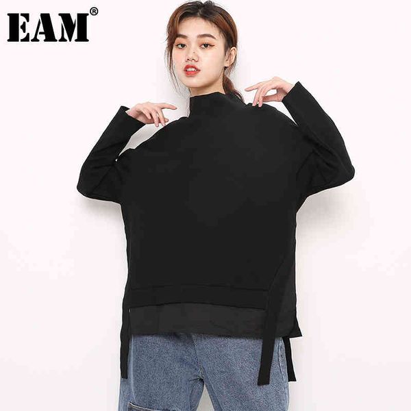 

[eam] black irregular ribbon spliced sweatshirt turtleneck long sleeve women big size fashion spring autumn a124-01 21512