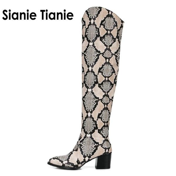 

boots sianie tianie 2021 winter patent pu leather riding motorcycle snake skin print over-the-knee high overknee boot, Black