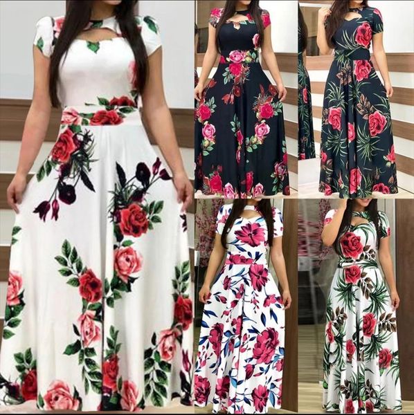 

summer elegant plus size peony women dresses floral maxi short sleeve fashion hollow o neck party, Black;gray