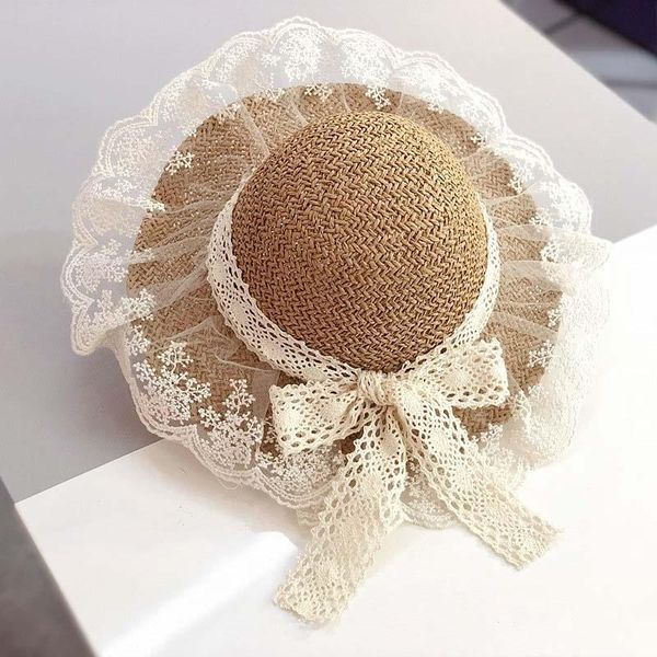 

wide brim hats 2021 fashion summer lace flowers cap kids girl breathable straw hat elegant sun lovely infant baby bonnet beach, Blue;gray