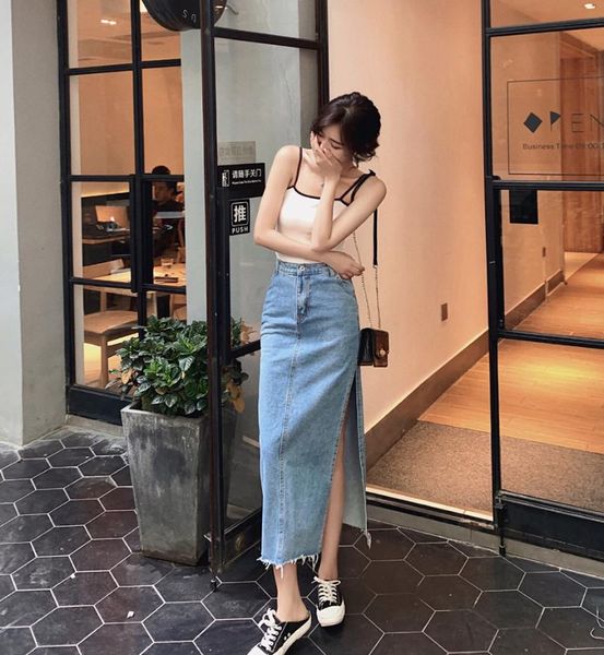 

skirts blue denim skirt for women's 2021 spring and summer high waisted thin one-step hip with side split, Black