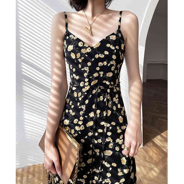 

chiffon floral strap dress for women summer 2020 french vintage v neck sleeveless spaghetti strap high waist dresses, Black;gray