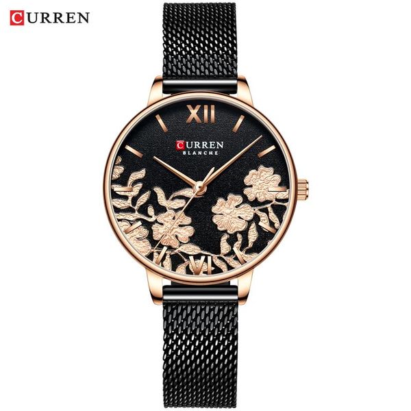 

wristwatches curren women watches black fashion classy quartz stainless steel and leather strap watch ladies relogios feminino flower clock, Slivery;brown