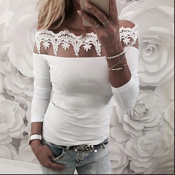 

fashion white lace women blouses off shoulder long sleeve and casual ladies
