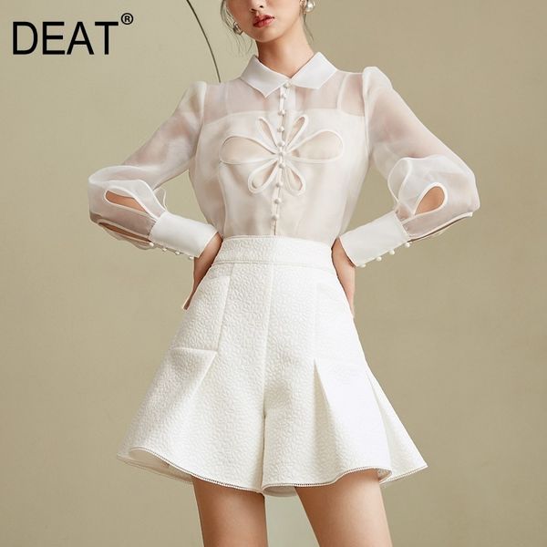 

[deat] summer fashion women clothes turn-down collar lantern sleeves hollow out organza shirt and skirt set wp62500l 210428, Black;gray