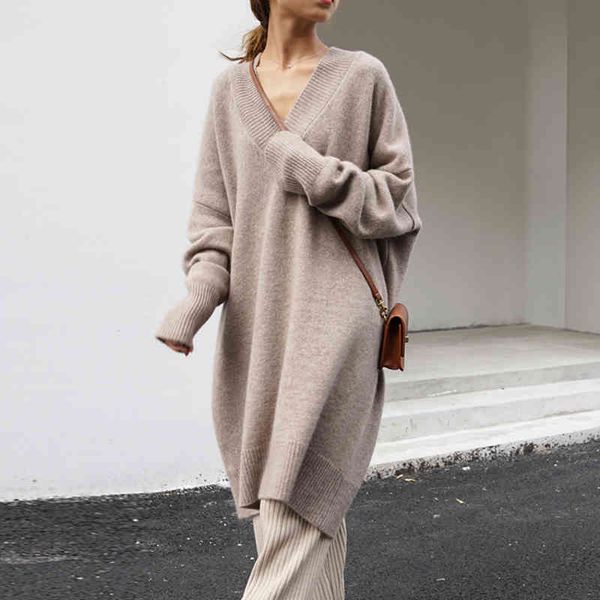 Long Sweater Feminino V-Pescoço V-Oversized Solto Marrom Malha Jumper Mulher Pullovers Outono Outono Inverno Streetwear Tops 221F 210420