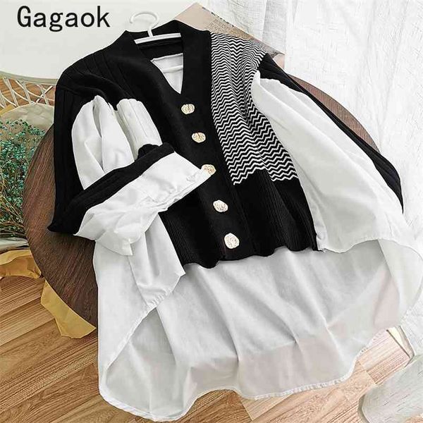 

streetwear patchwork women shirts spring autumn v-neck full button loose casual wild and blouses k3821 210531, White