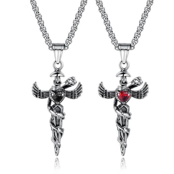 

exaggerated punk heart cross titanium steel necklace for men retro angel wing snake stainless pendant boys jewelry gift necklaces, Silver