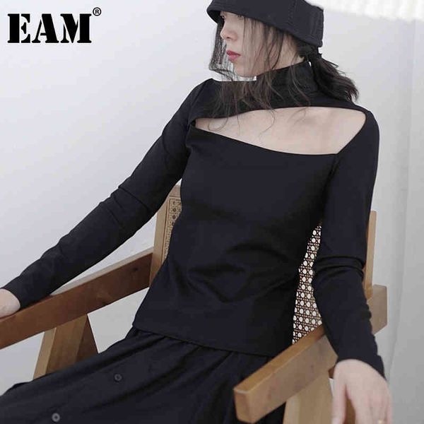 

[eam] women black hollow out irregular casual t-shirt turtleneck long sleeve fashion spring autumn 1dd7351 210512, White