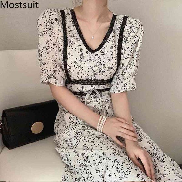 

summer korean floral printed long dress women lace spliced short sleeve v-neck dresses vintage fashion sweet vestidos femme 210518, Black;gray