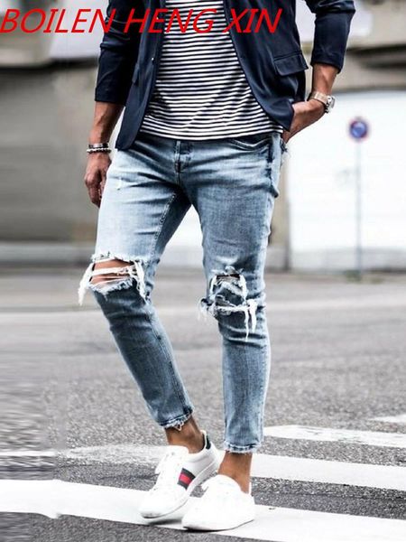 

men's jeans vintage ripped light color hole slim trousers leggings street clothes skinny men pants, Blue
