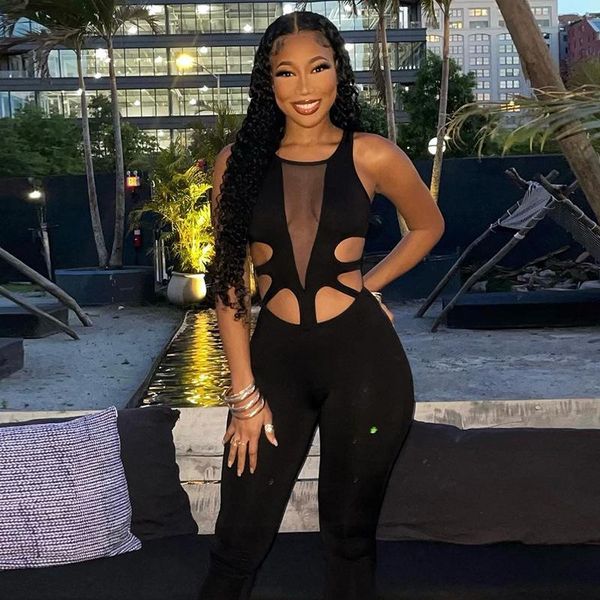 

women's pants & capris 2021 summer solid color sleeveless open waist hollow slim trousers jumpsuit, Black;white
