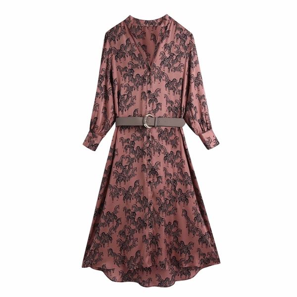 

casual woman loose zebra print satin belt shirt long dress spring fashion ladies soft dresses female elegant 210515, Black;gray