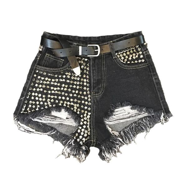 

women's shorts tassel with rivet beading denim female high waist hole punk street style wq1627, White;black