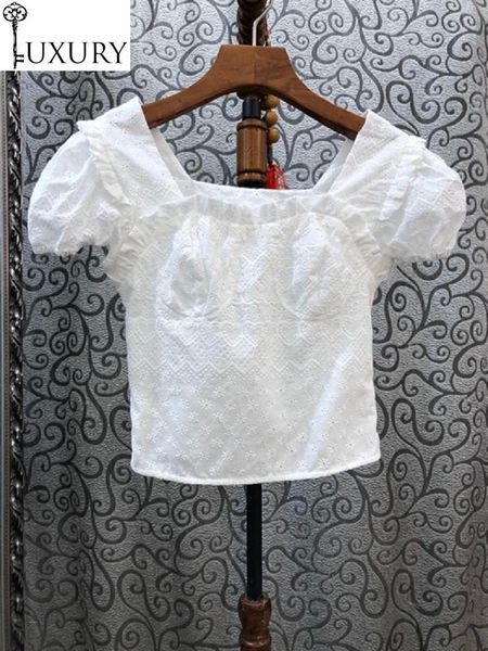 

women's blouses & shirts summer fashion white 2021 black women square collar exquisite embroidery short sleeve casual crop cotton