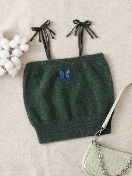 

butterfly pattern tie shoulder fuzzy cami knit c6ih#, White