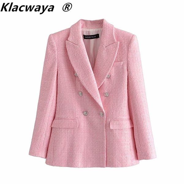 

klacwaya za blazer women fashion pink plaid texture casual spring autumn office double breasted coat 210907, White;black