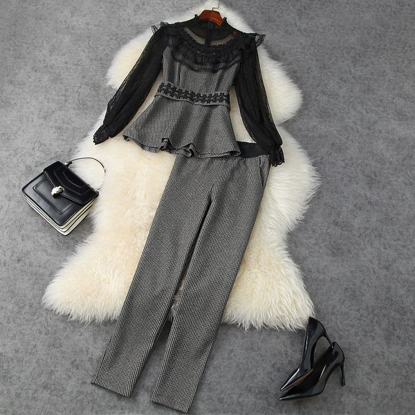 

women's two piece pants europe and the united states women's winter embroidery lace long-sleeved shirt nine minutes of pants fashi, White