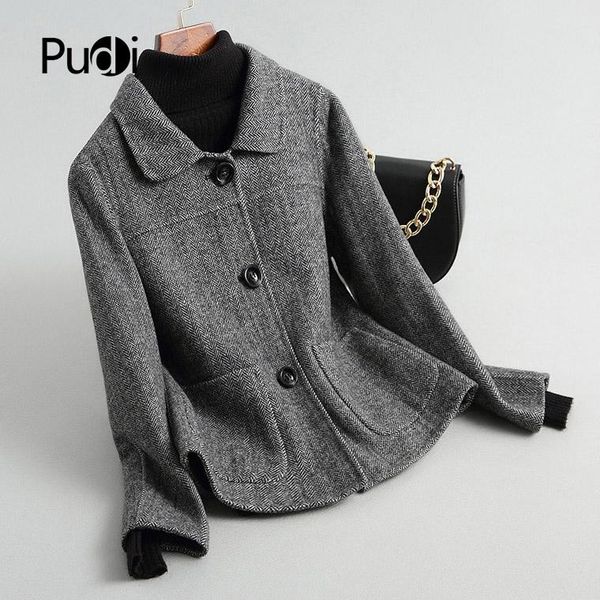 

women's fur & faux ro18107 2022 women fall winter wool herringbone jacket with pocket style leisure coat, Black