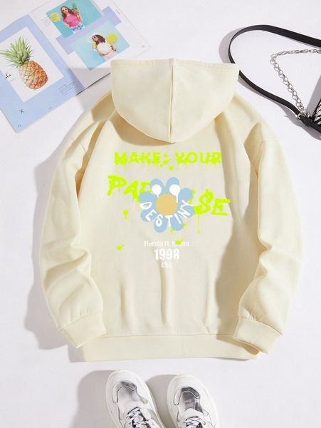 

floral & slogan graphic drawstring thermal lined hoodie j0nx#, White;black