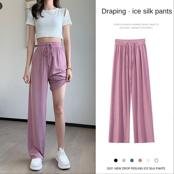 

women's pants & capris summer white ice silk sports women thin loose high waist straight wide leg casual sweatpants s-xl, Black;white