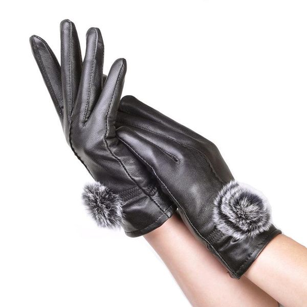 

five fingers gloves winter and spring ladies fashion fur ball warm leather motorcycle for women black, Blue;gray