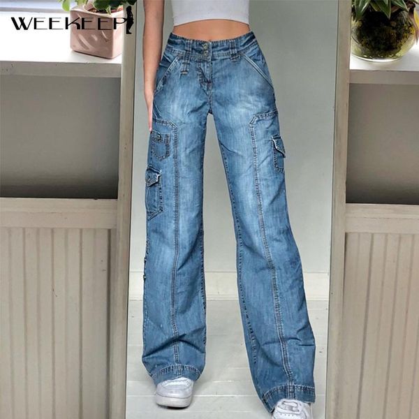 

women's jeans weekeep streetwear blue women fashion pockets patchwork baggy cargo pants summer oversize korean vintage denim style