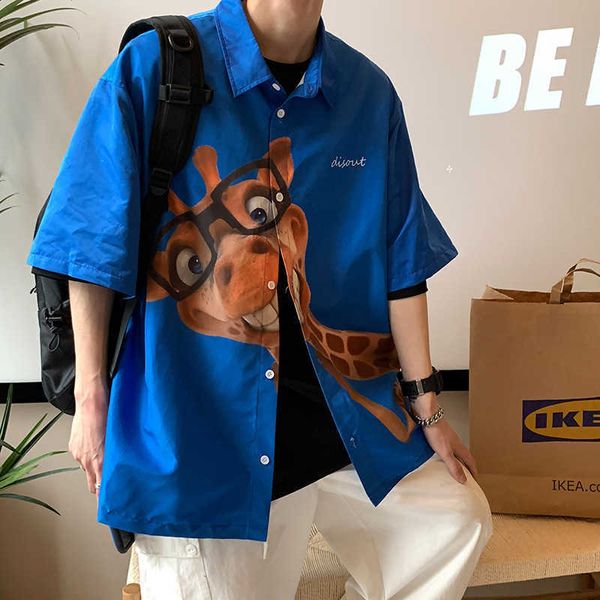 

fashion shirt rhodeston 2021 summer giraffe print short sleeve men casual, White;black