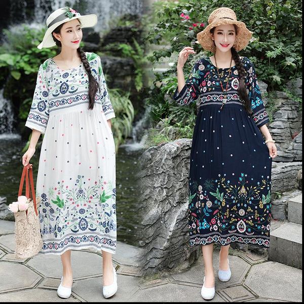 

brocade cotton thin soft womens dresses holiday travel casual print floral loose summer plus size women chic midi, Black;gray