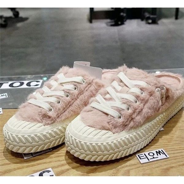 

slippers apanzu women half slipper plush canvas shoes mink hair baotou flat sneakers casual comfortable driving low lace up, Black