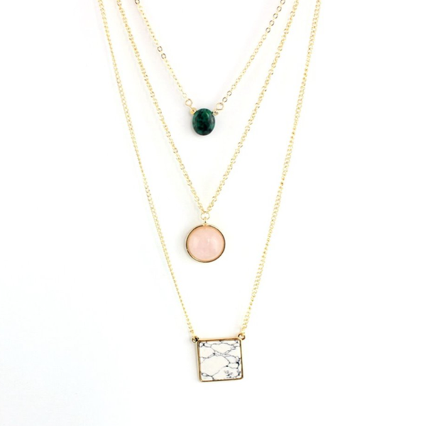 

pendant necklaces light yellow gold color multi layer square white howlite stone round rose pink quartz necklace charm jewelry, Silver