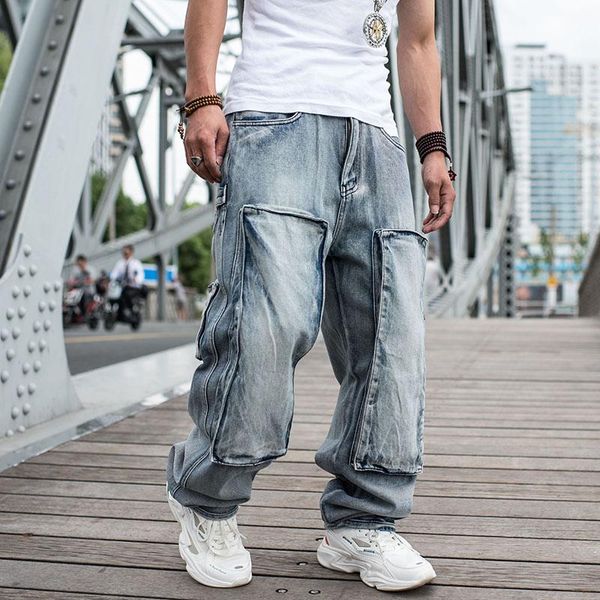

jeans for men men's plus size skateboard pants straight-leg motorcycle loose blue with big pocket