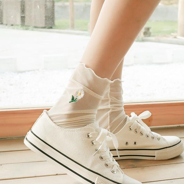 

embroidered small flower socks pink children's breathable thin women's medium tube summer lace for girls & hosiery, Black;white